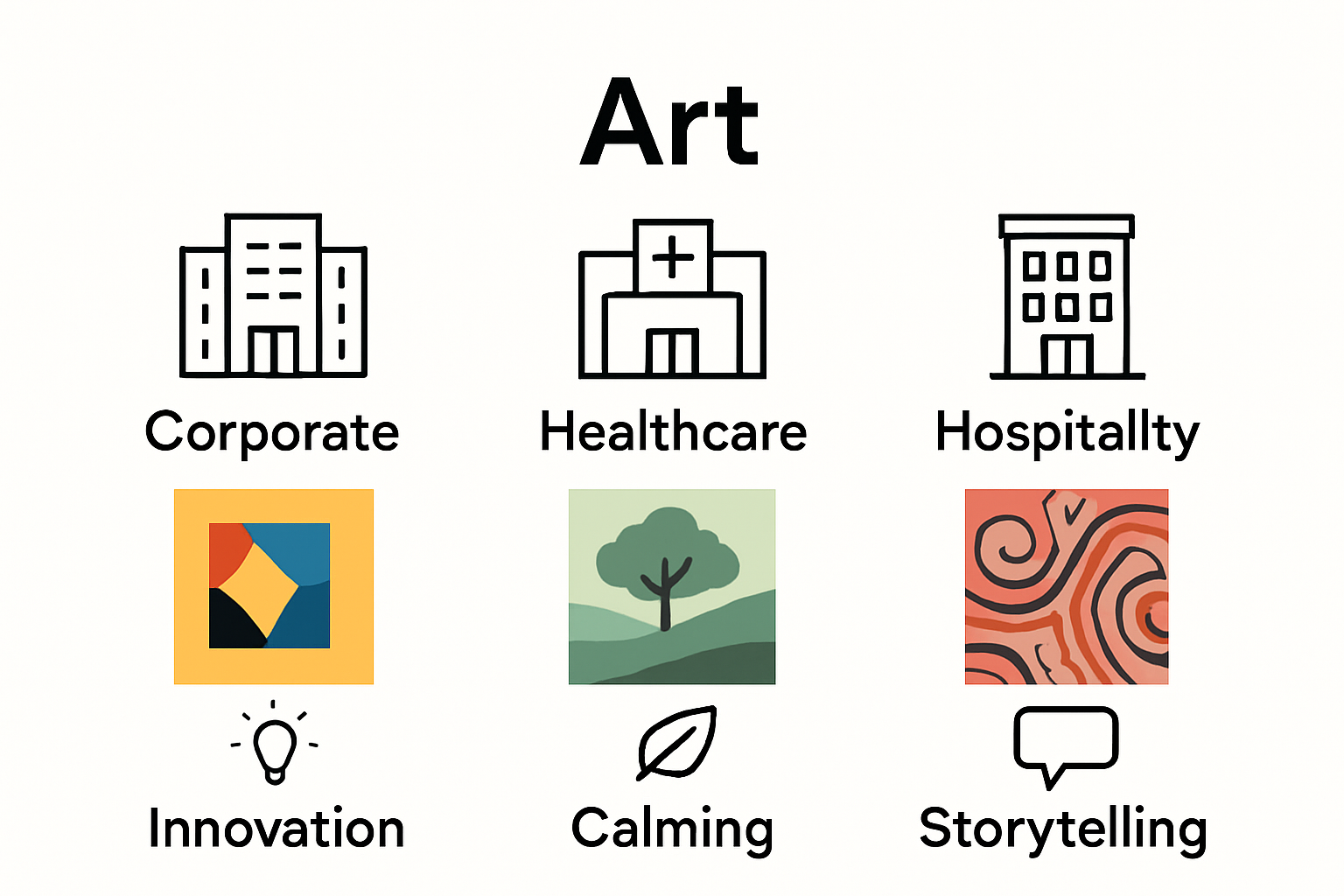 Infographic comparing art styles in corporate, healthcare, and hospitality spaces