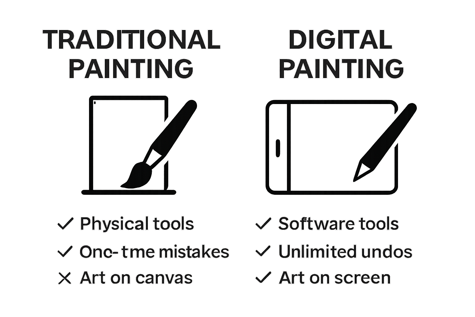 Traditional painting vs digital painting side-by-side infographic