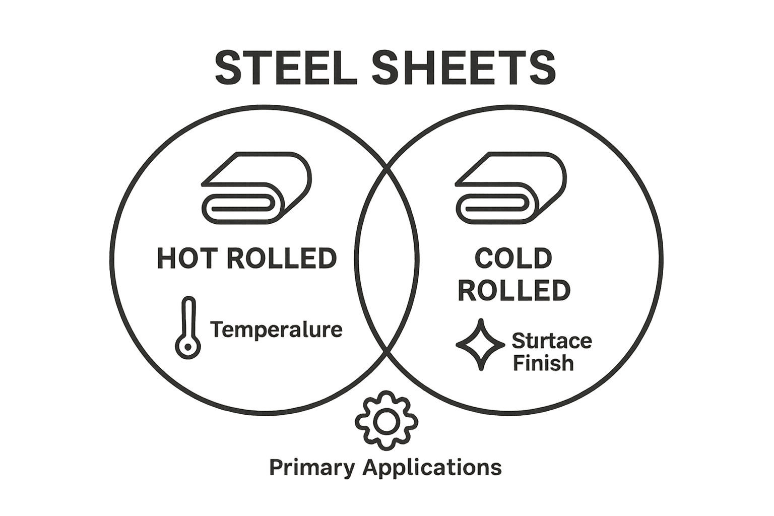 Infographic comparing hot rolled steel sheets and cold rolled steel sheets by temperature, finish, and uses