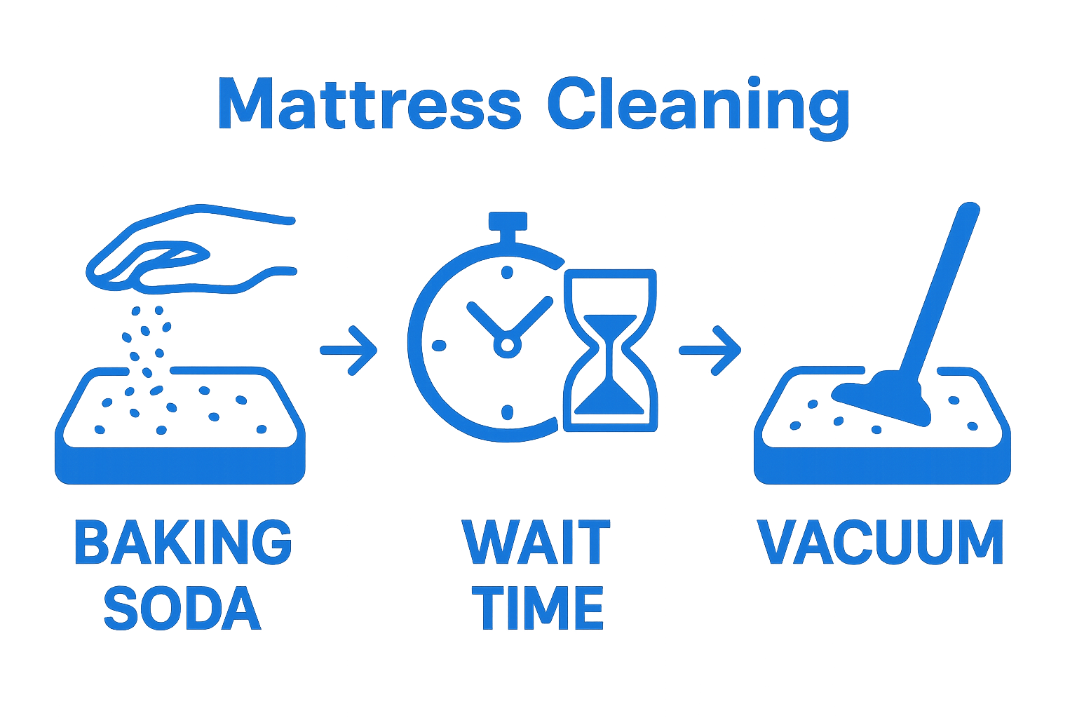 Three simple icons show baking soda application, waiting, and vacuuming