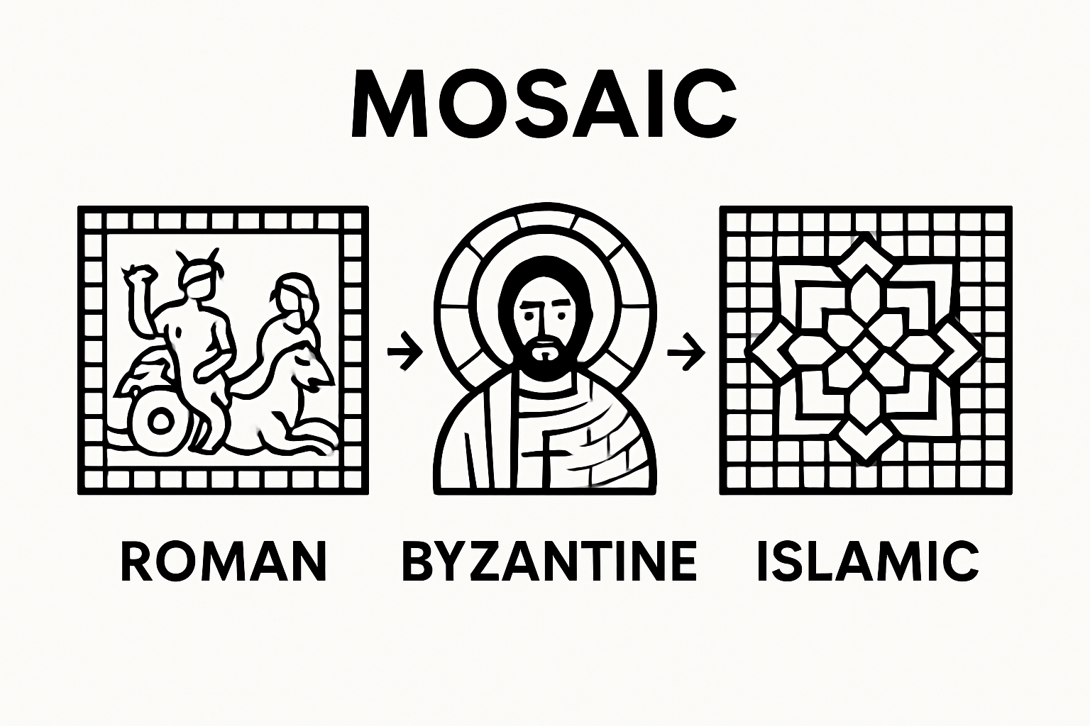Comparison of Roman, Byzantine, and Islamic mosaic styles