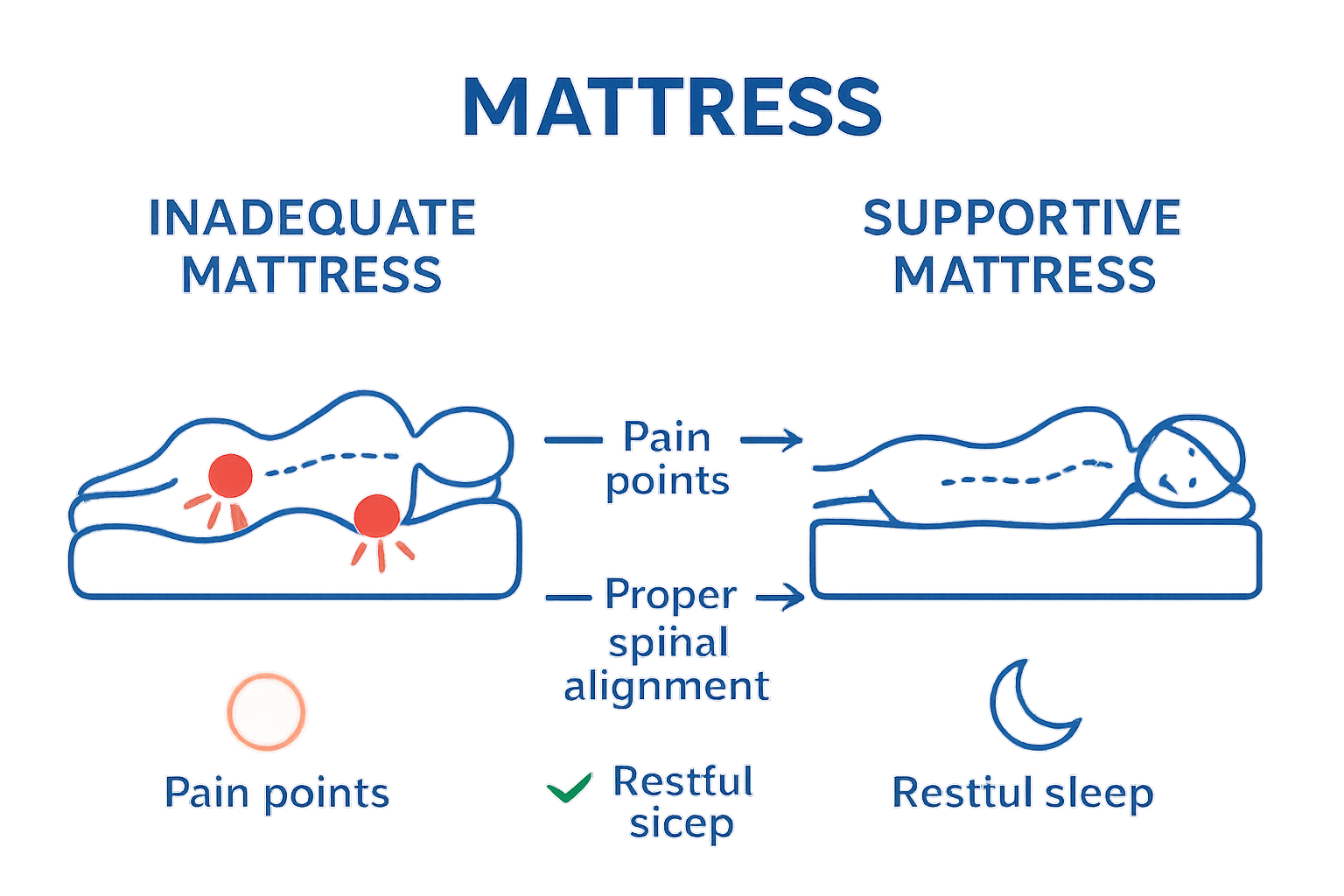 Infographic comparing poor vs supportive mattresses for lower back health