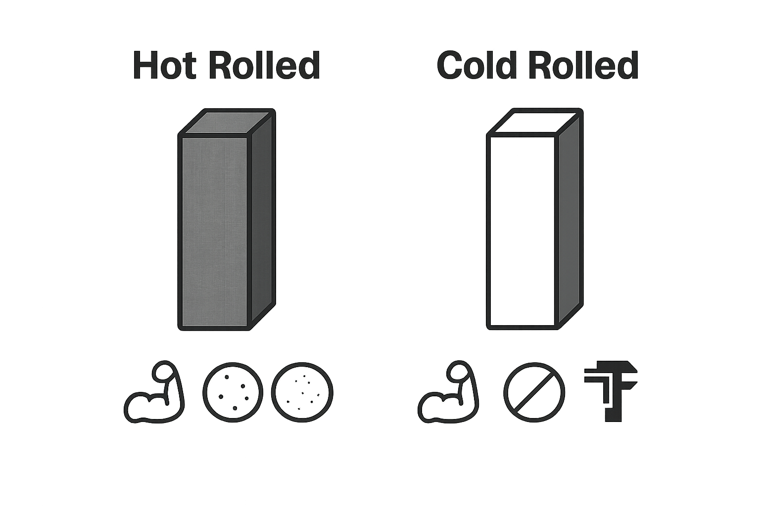 Side-by-side hot rolled vs cold rolled steel comparison with icons for strength, finish, and precision.