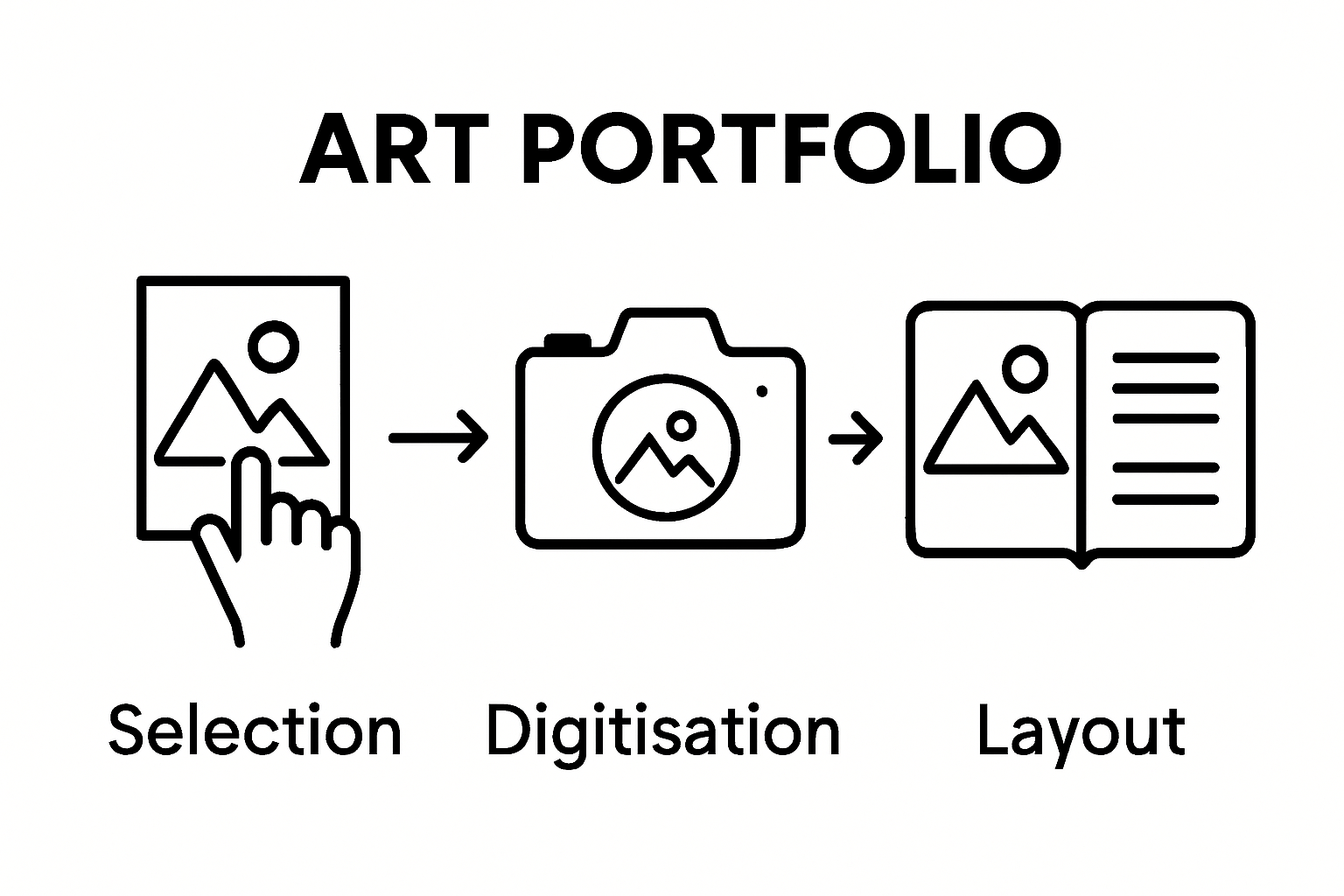 Infographic showing artwork selection, digital capture, and portfolio layout steps