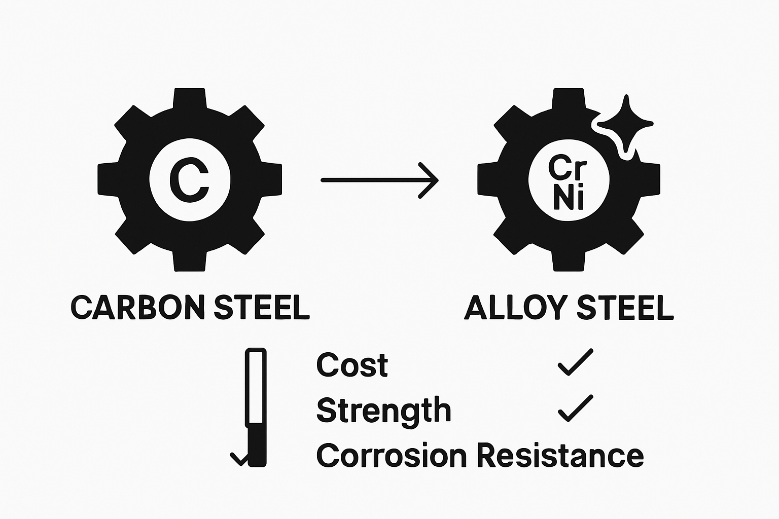 Comparative infographic highlighting main differences between carbon steel and alloy steel