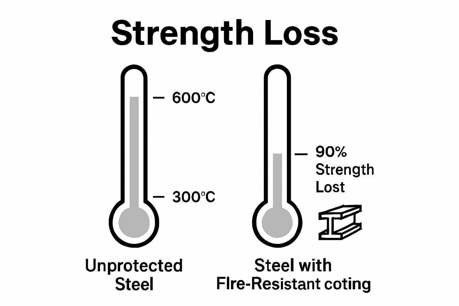 Infographic comparing steel strength at high temperatures with and without fire resistance coating.