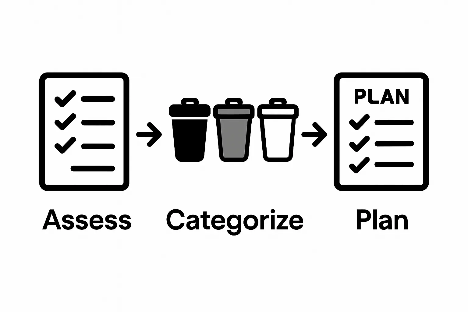 Infographic showing assessment, categorization, and planning steps for construction waste