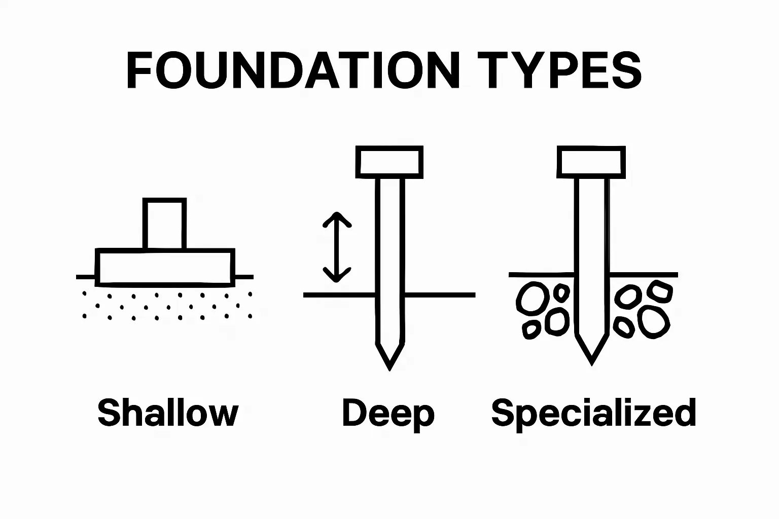 Three foundation types side-by-side: shallow, deep, and specialized