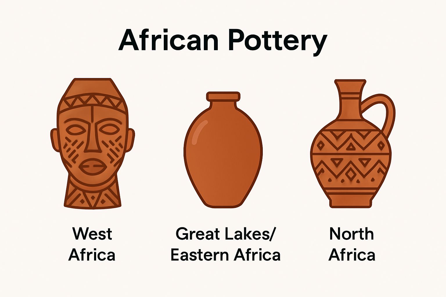 Illustration comparing West African, Great Lakes, and North African pottery styles.