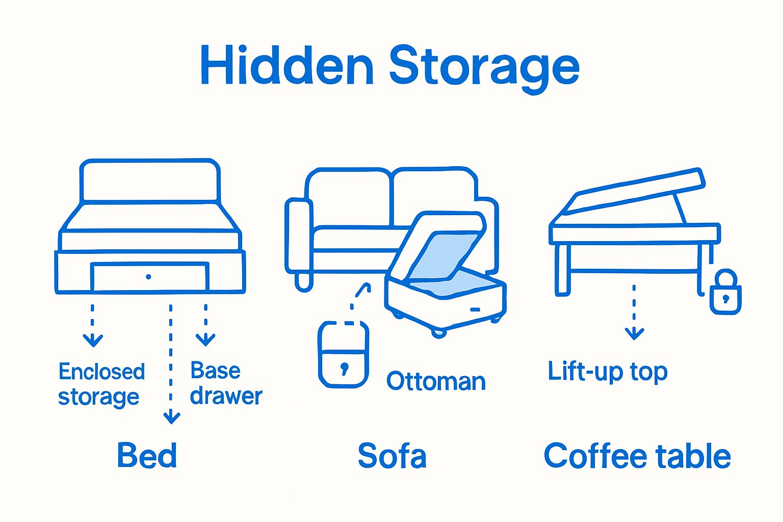 Infographic compares three types of hidden storage furniture: beds, ottomans, and coffee tables.