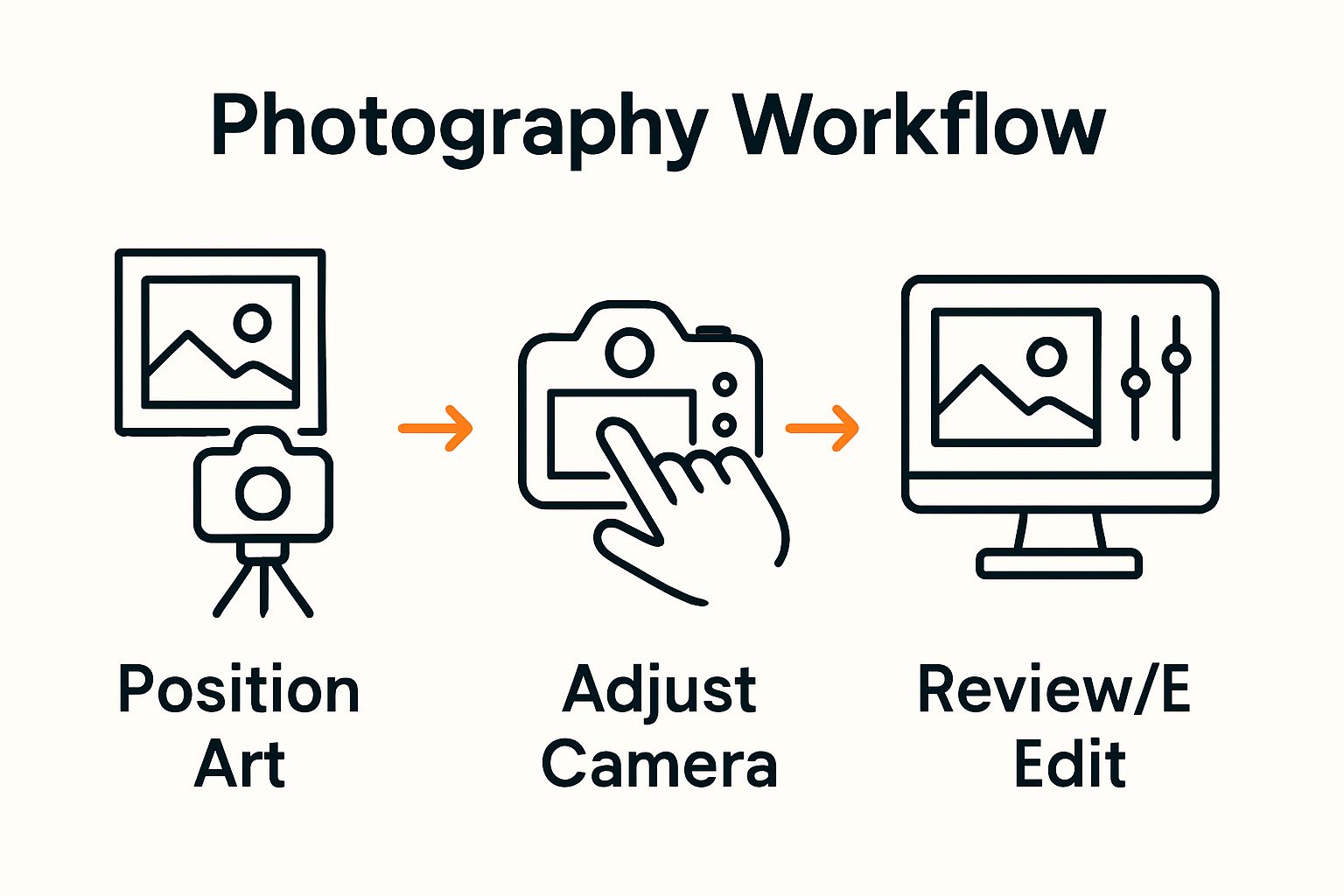 Simple infographic showing setup, camera adjustment, and photo review steps for photographing artwork