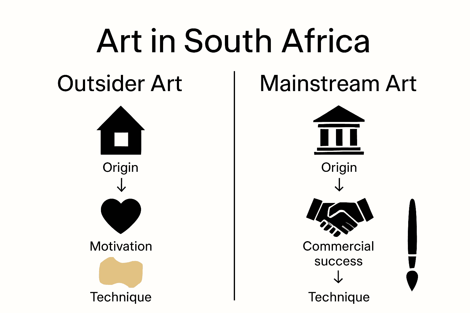 Comparison infographic showing key differences between outsider and mainstream South African art.