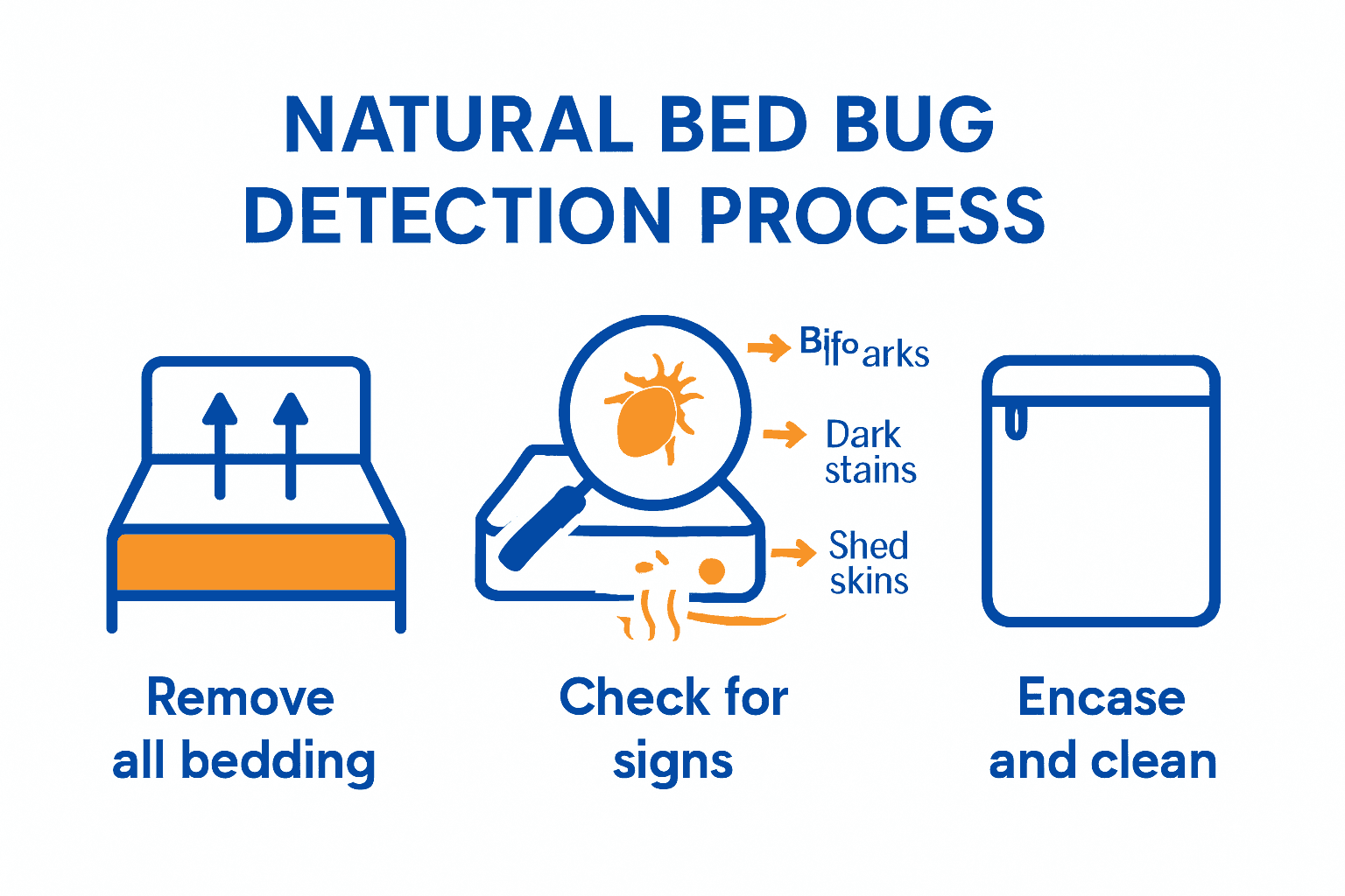 Infographic showing key steps to detect bed bugs naturally in a mattress: stripping bedding, identifying signs, encasing mattress.
