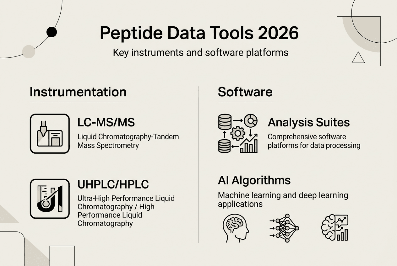 Infographic summarizing peptide analysis instruments and software