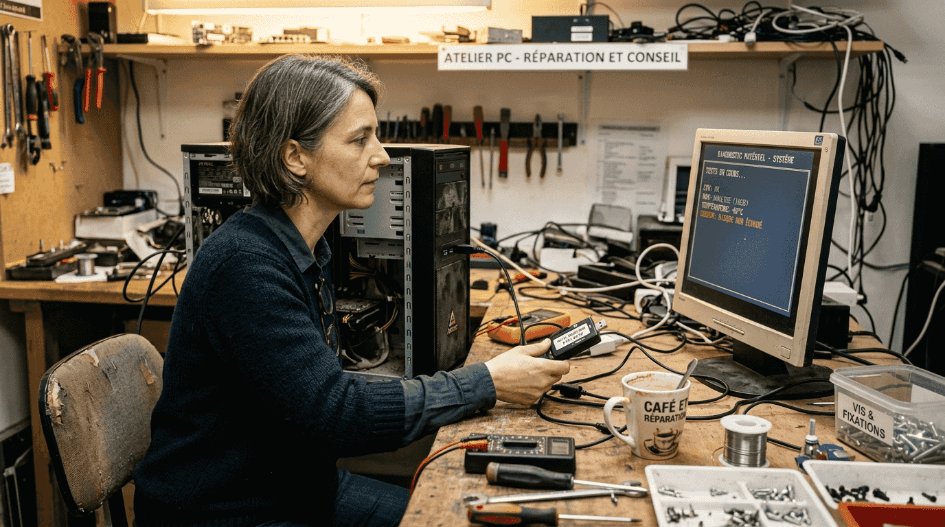 Assise à sa table, une femme lance un test de diagnostic sur son ordinateur.