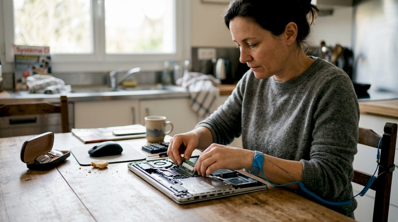 Une femme installe un composant dans son ordinateur portable, tout en respectant les consignes de sécurité.