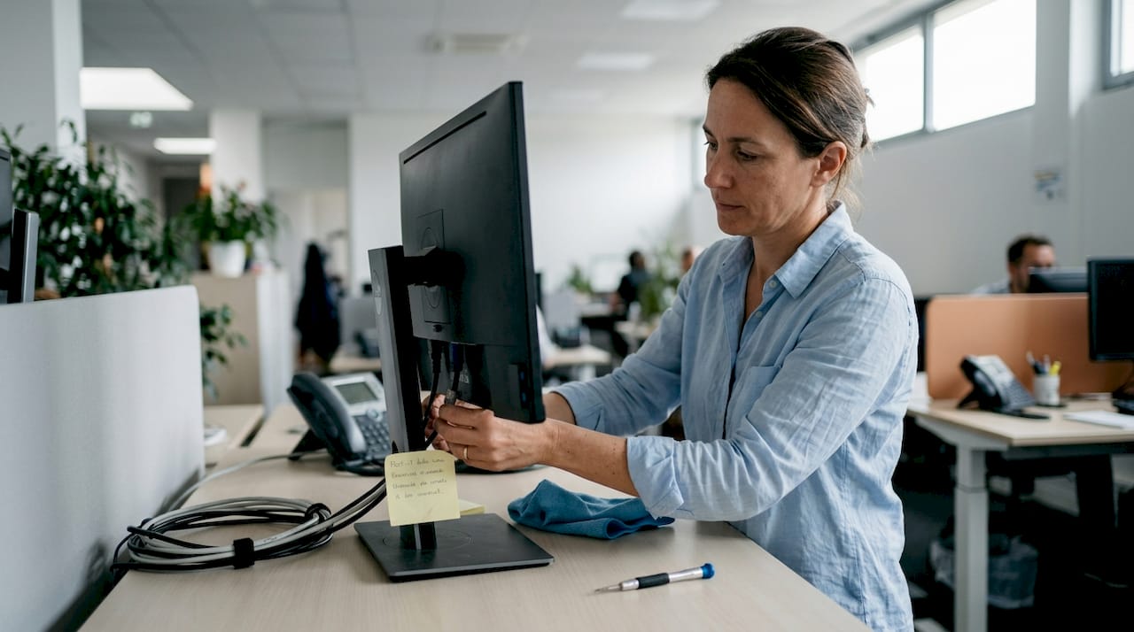 Une femme en train de changer l’écran de son ordinateur de bureau