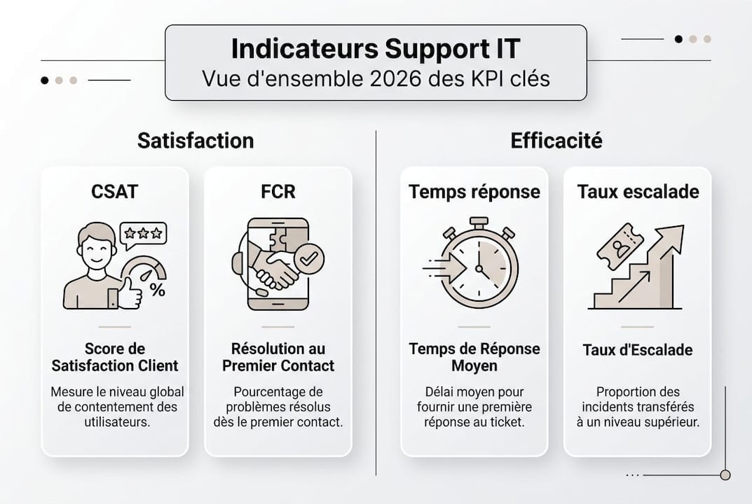 Découvrez en image les quatre principaux indicateurs de performance du support informatique.