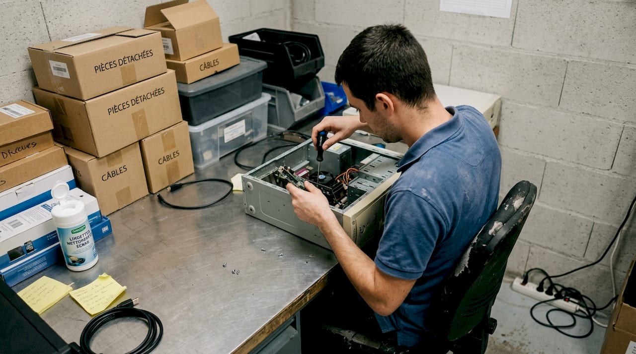 Un technicien procède à une vérification du PC dans le cadre de sa maintenance.