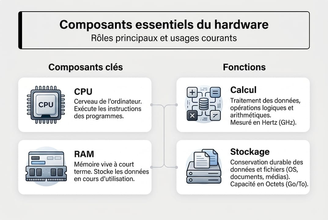 Tout savoir sur les principaux composants matériels d’un ordinateur et leurs rôles, présenté en infographie.