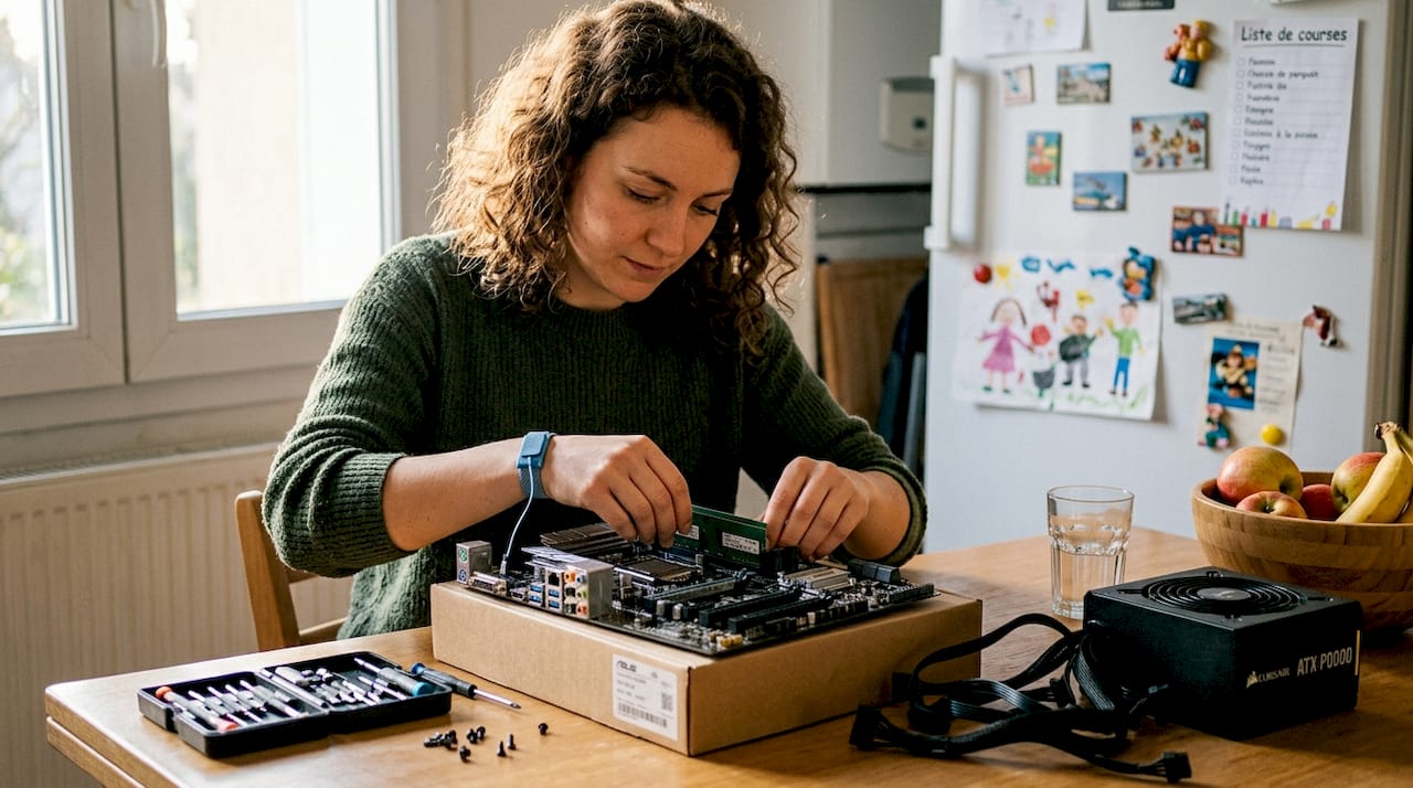 Une femme en train d’installer une barrette de mémoire RAM sur la carte mère de son ordinateur, directement chez elle.