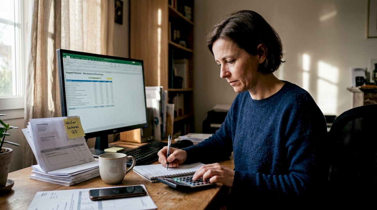 Un responsable analyse les dépenses informatiques depuis son bureau à domicile.