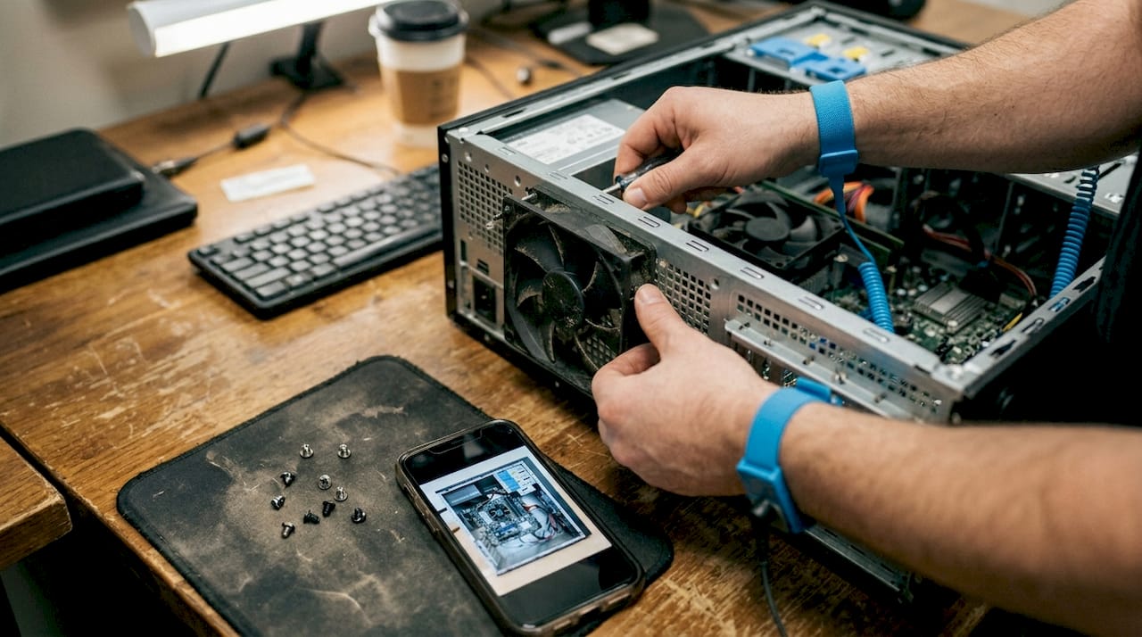 Intervention sur les fixations du ventilateur d’ordinateur au bureau