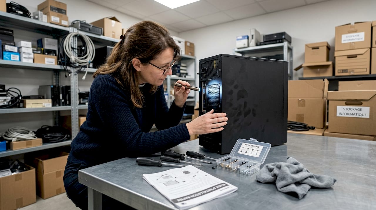 Un ingénieur contrôle le bon fonctionnement de l’ordinateur après avoir remplacé un composant.