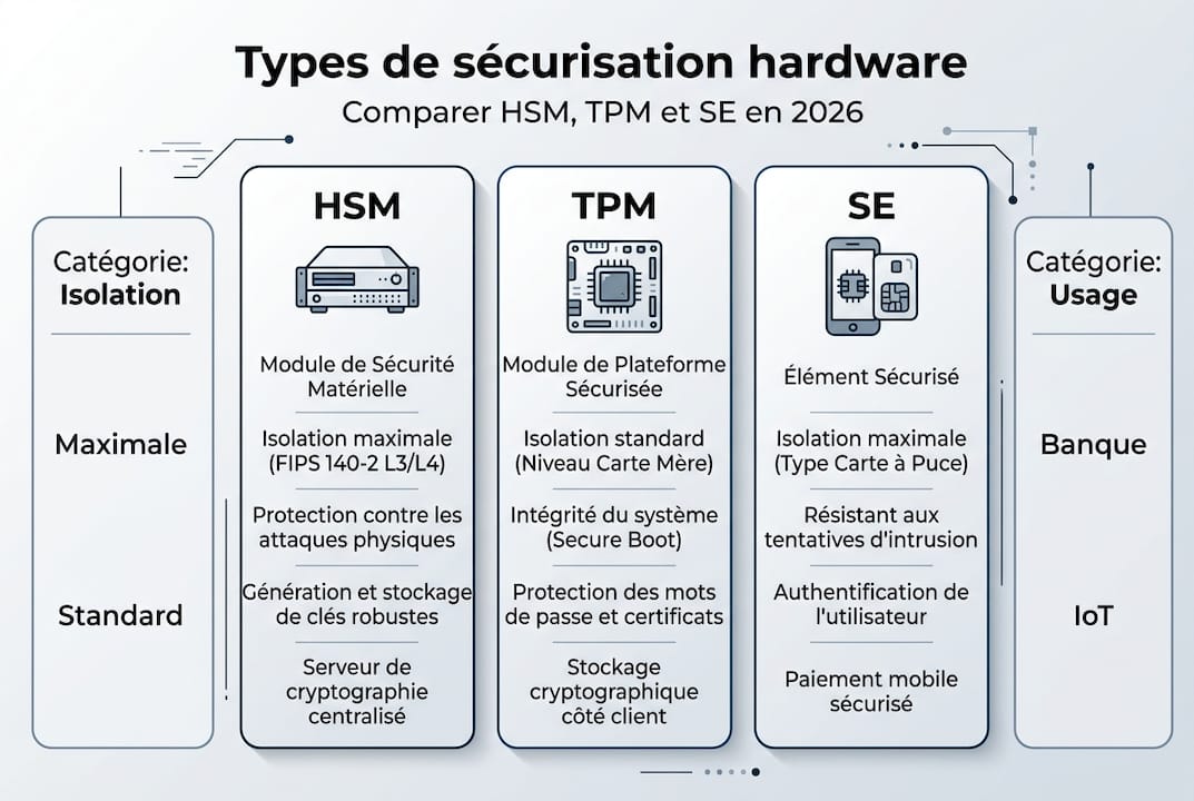 Visuel explicatif : les différences entre HSM, TPM et SE en un coup d'œil
