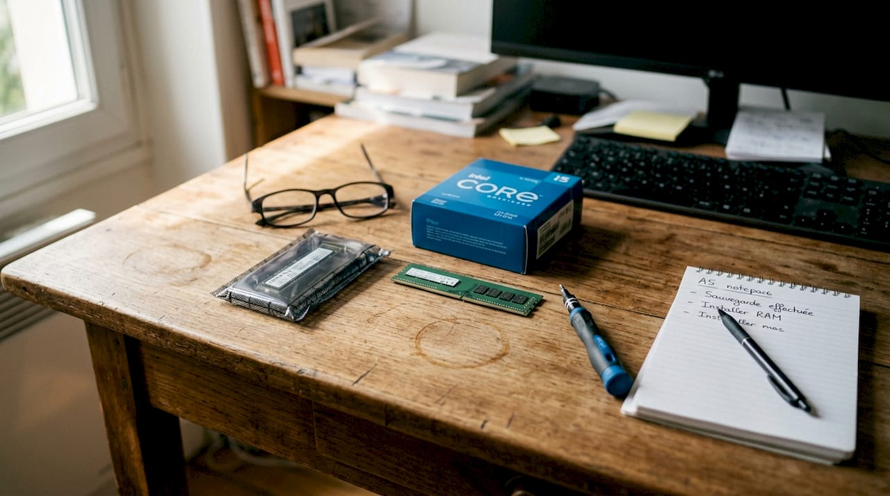 Bureau soigneusement rangé avec les principales pièces de rechange à portée de main.