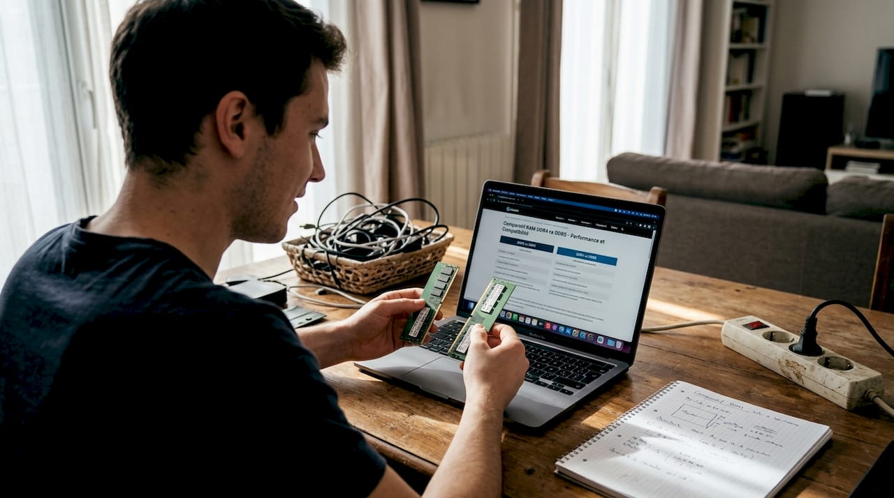 Un utilisateur examine et compare deux barrettes de mémoire RAM posées sur une table.