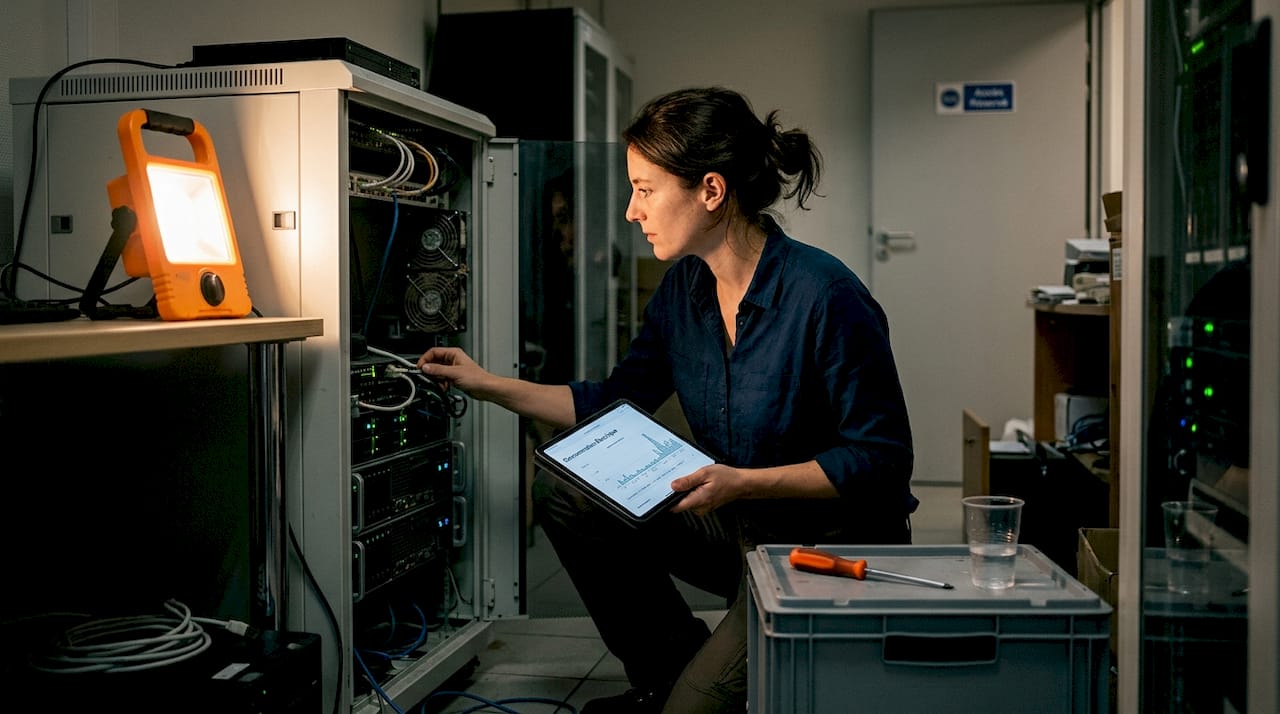 Une technicienne contrôle la consommation énergétique d’un serveur.