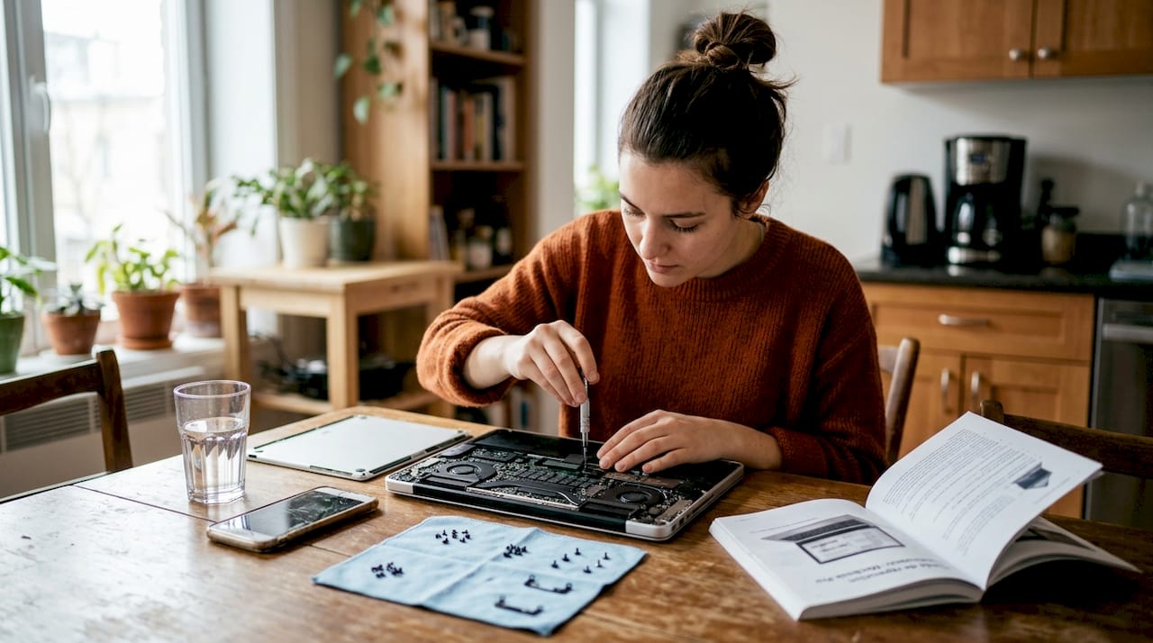 Une femme change l’écran de son ordinateur portable, installée tranquillement à la table de la salle à manger.