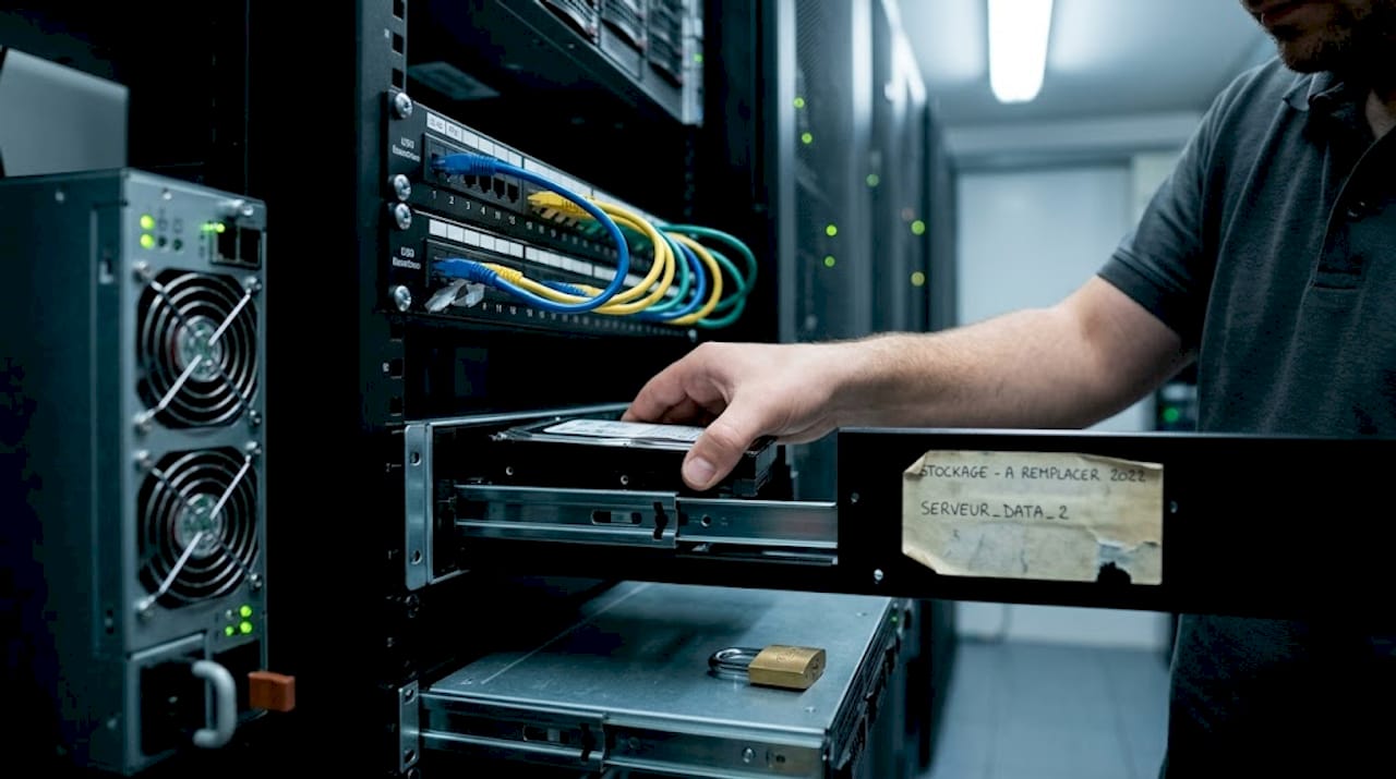 Insertion d’un disque dur dans un serveur en rack