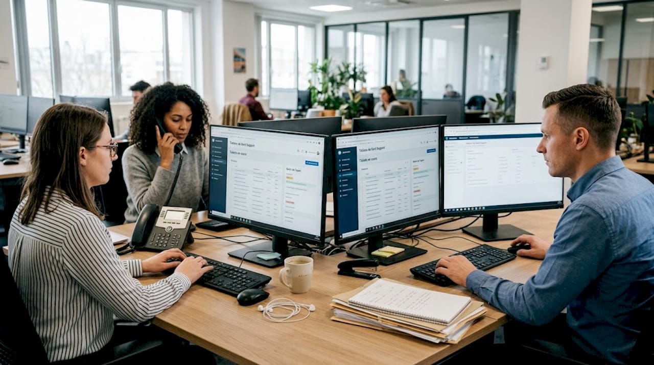 L’équipe support informatique travaille en mode collaboratif dans un espace ouvert, favorisant les échanges et la réactivité.