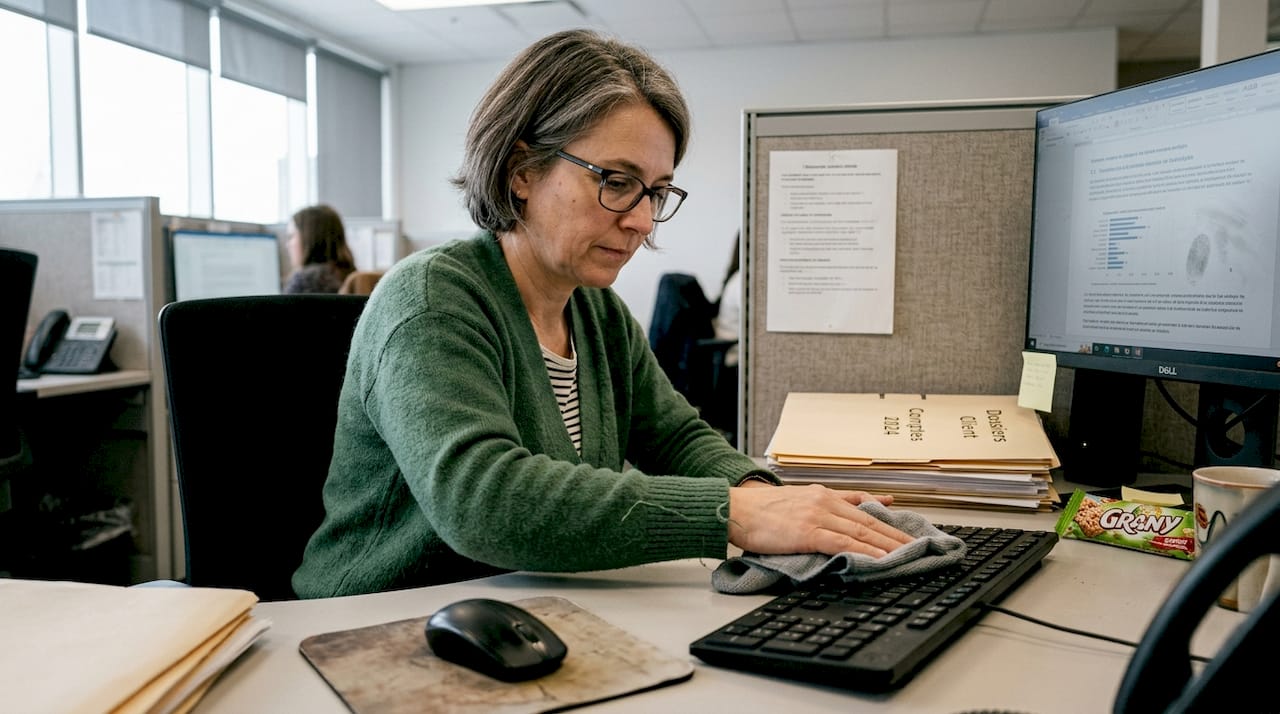 Une femme prend soin de nettoyer son clavier d’ordinateur sur son bureau, au travail.