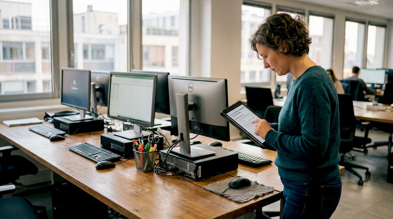 Le responsable informatique supervise la maintenance des ordinateurs dans l’open space.