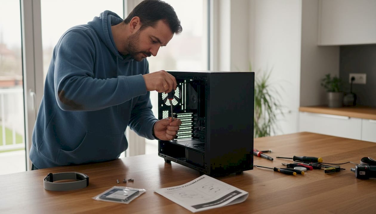 Un technicien procède à l’installation d’un SSD en utilisant ses outils, installé sur la table de la cuisine.