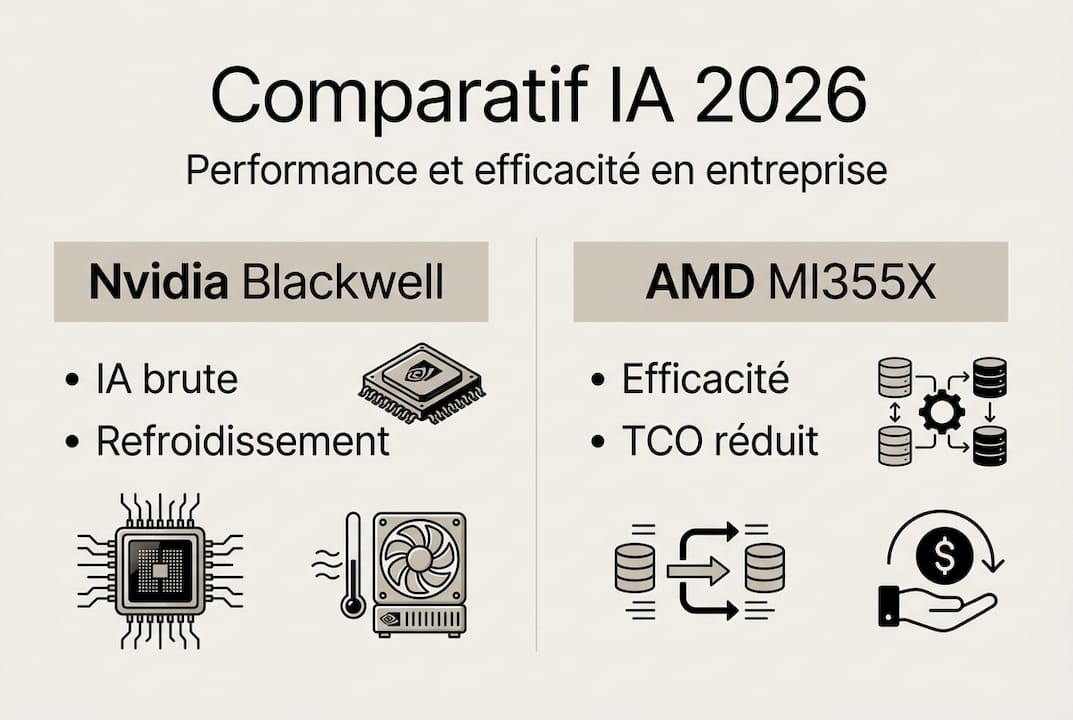 Infographie : comparaison des solutions IA professionnelles proposées par Nvidia et AMD
