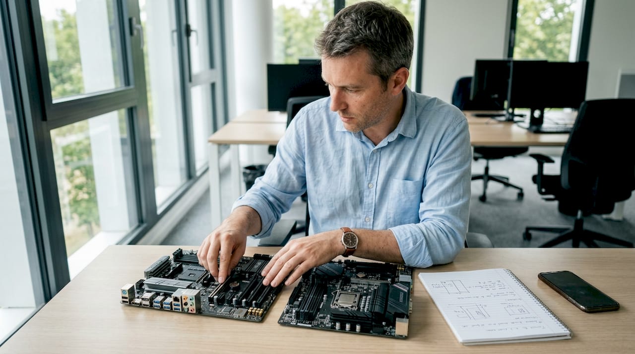 Un homme examine et compare deux cartes mères posées sur son bureau.