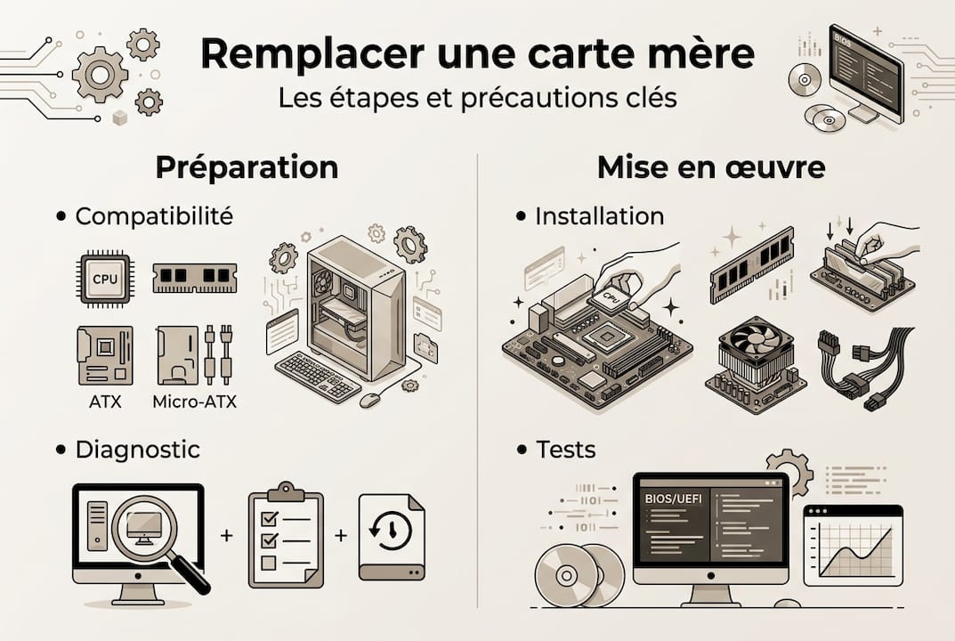 Infographie : les étapes clés et les bonnes pratiques pour remplacer une carte mère en toute sécurité