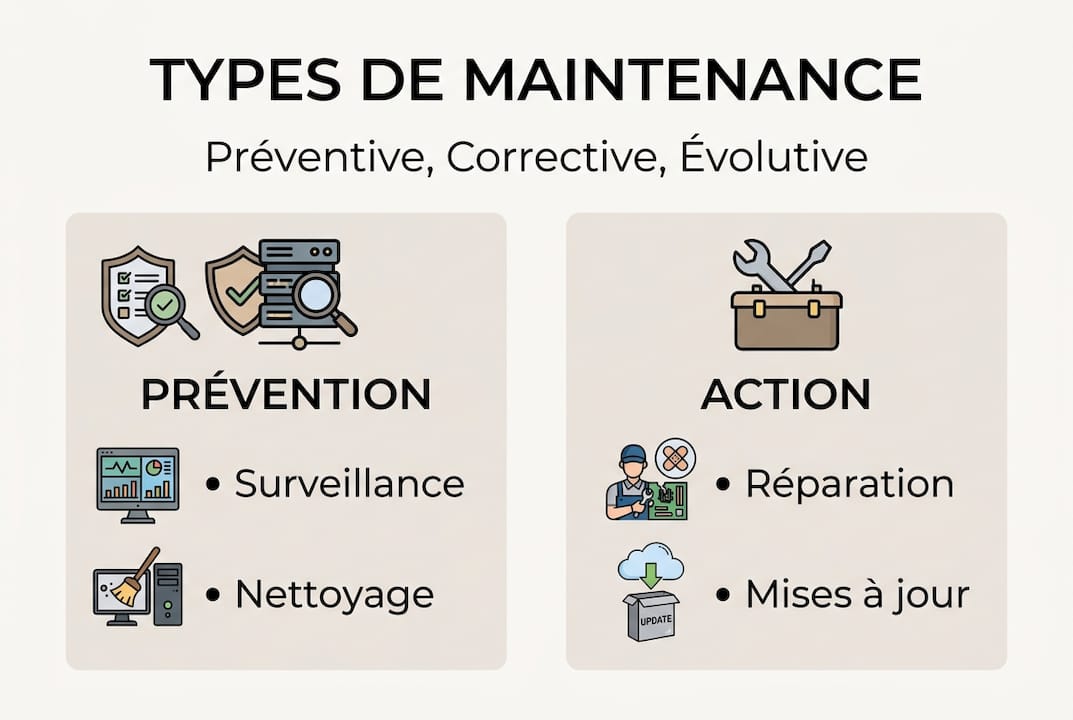 Découvrez en un coup d’œil les trois grandes familles de maintenance informatique grâce à notre infographie.