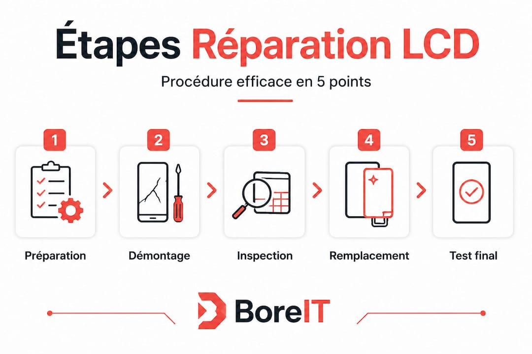 Schéma étape par étape du processus de réparation d’un écran LCD
