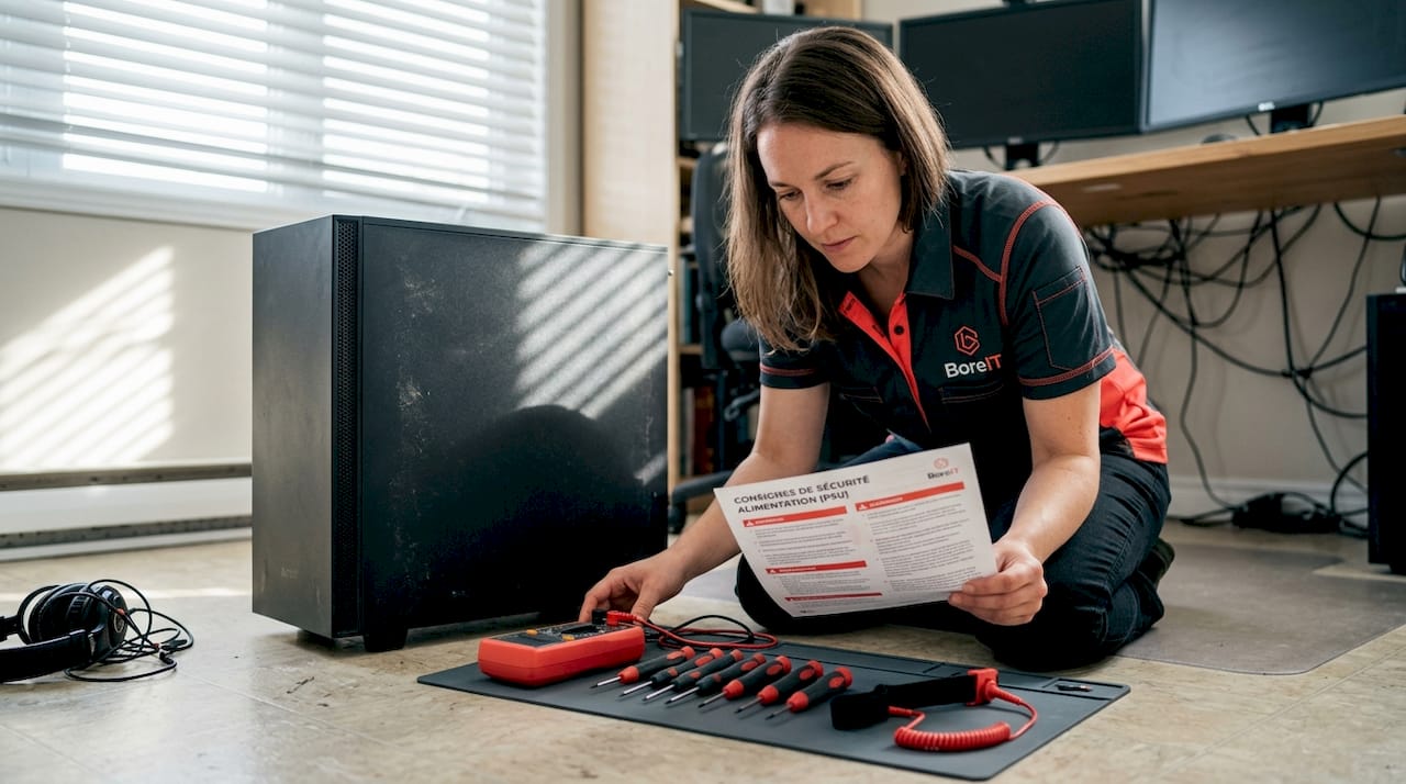Un technicien prépare ses outils pour réparer un ordinateur.