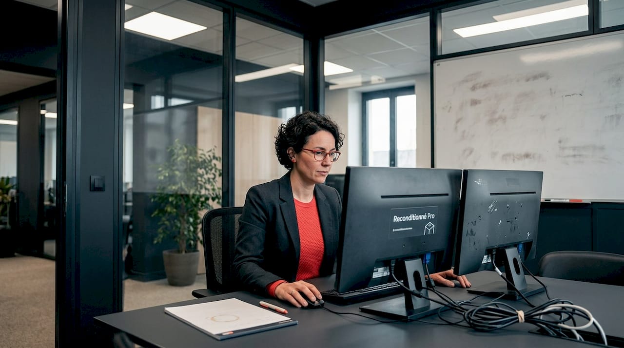 Un professionnel en pleine comparaison de deux ordinateurs de bureau reconditionnés