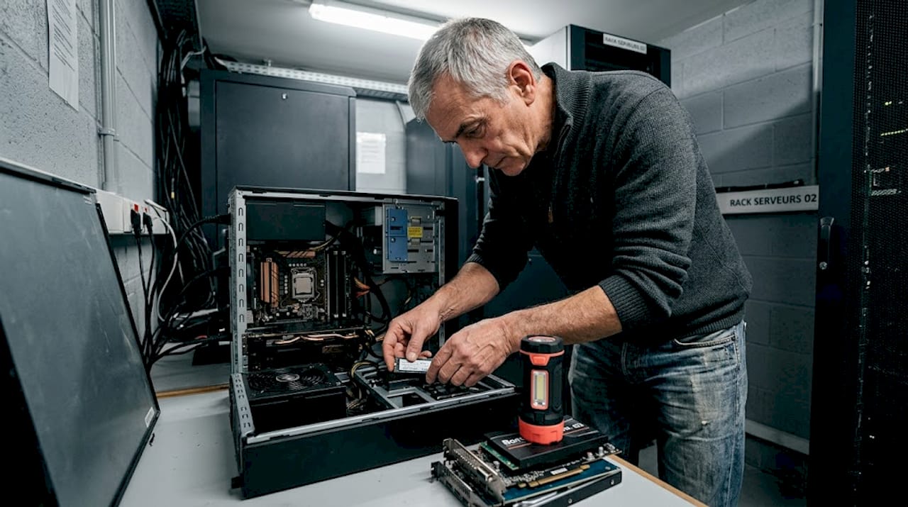 Un ingénieur optimise les performances d’un SSD NVMe dans une salle serveurs.