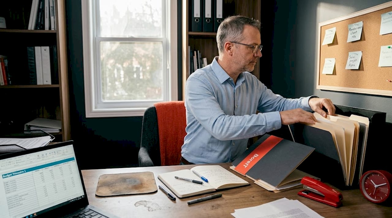 Un employé s’occupe de trier et ranger les fournitures de bureau indispensables selon leur catégorie.