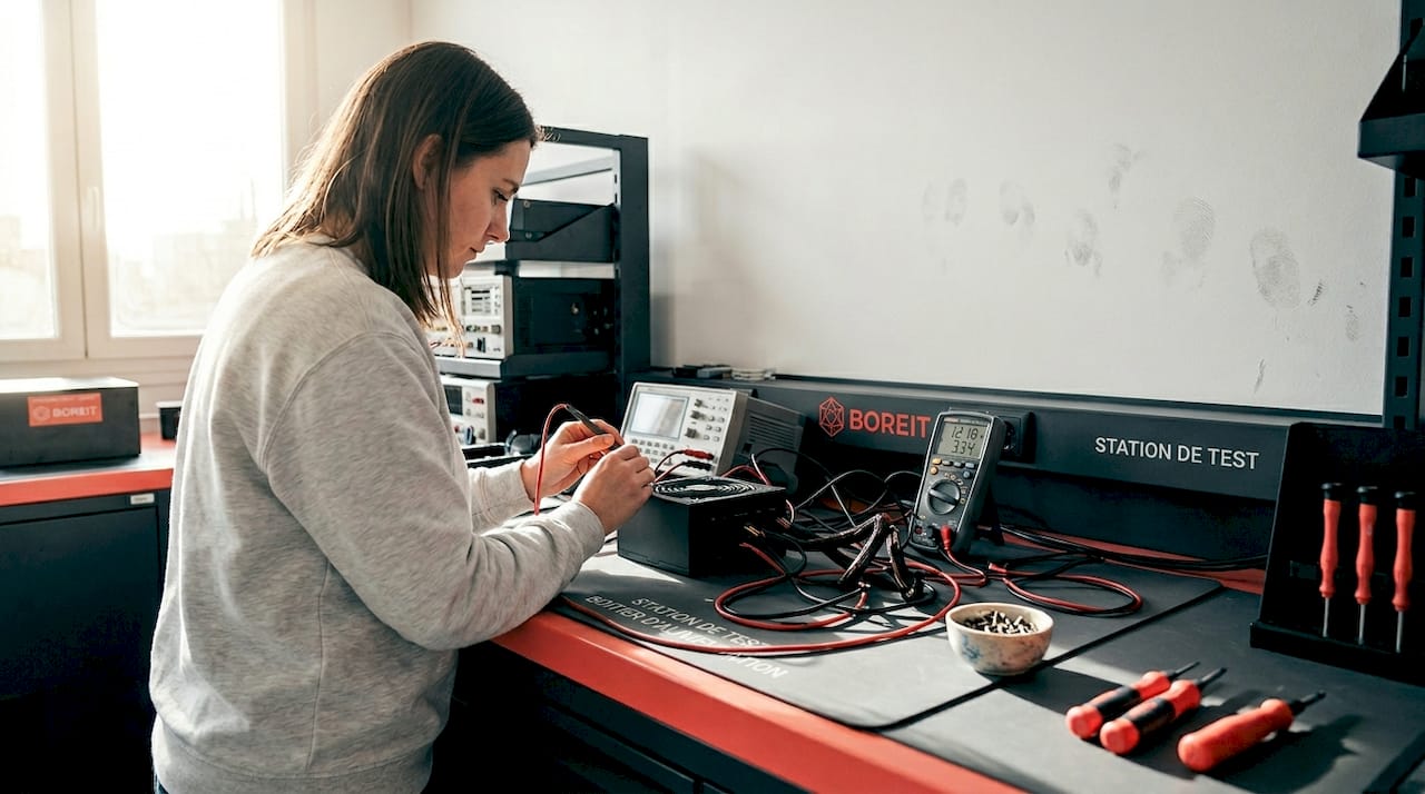 Une technicienne procède à des tests d’alimentation d’ordinateur sur un banc de contrôle.