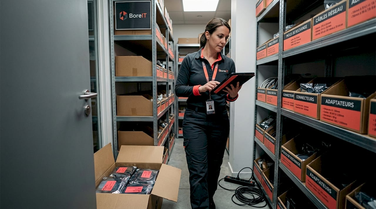 Une technicienne effectue le contrôle du matériel informatique dans une salle spécialement aménagée.