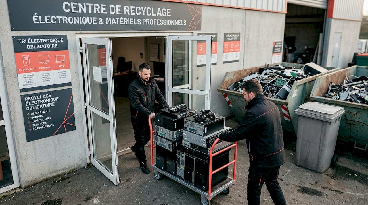 Des techniciens déposent leurs équipements électroniques au centre de collecte pour le recyclage.